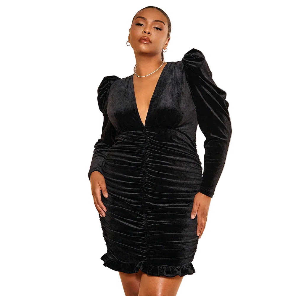 Samtkleid Damen Große Größen – langärmliges Minikleid mit V-Ausschnitt, Puffärmeln & Raffung (Valentina) | Milae