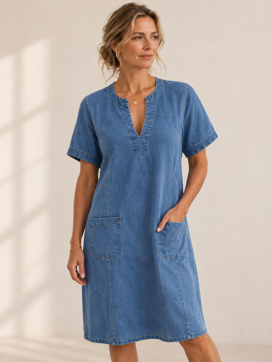 Thea – Legeres Jeanskleid mit V-Ausschnitt